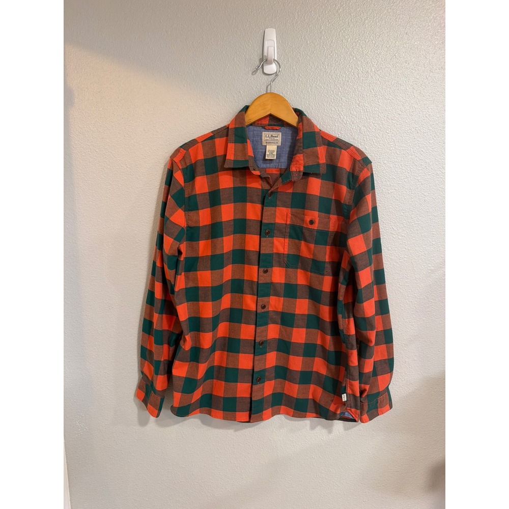LL Bean Button Down Shirt Men Medium Orange Green Buffalo‎ Check 513053